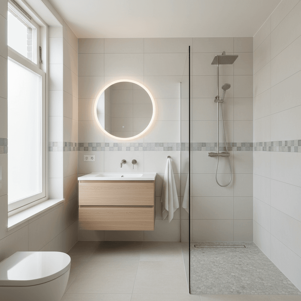 Modern bathroom renovation with new tilework and fixtures